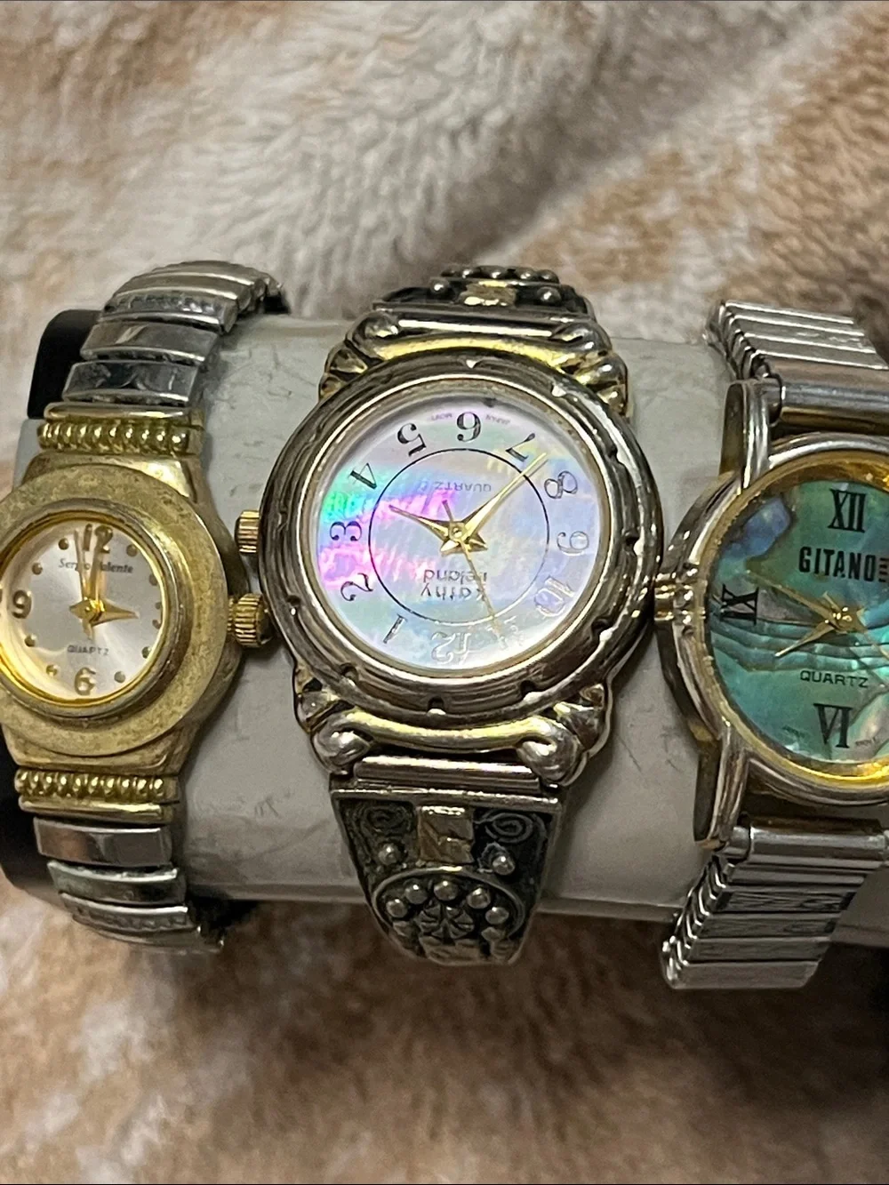 Gitano Silver-Tone Watch with Iridescent Blue-Green Abalone Dial